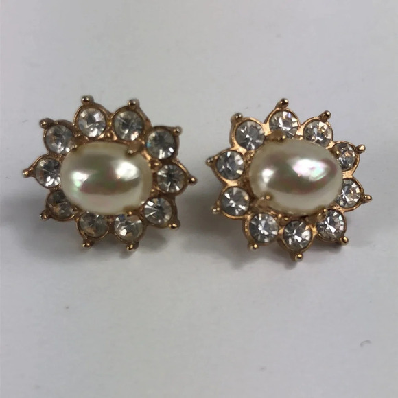 ROMAN Earrings & Enhancer Vintage Faux Pearl & Rhinestone SET Gold Tone - Picture 2 of 10